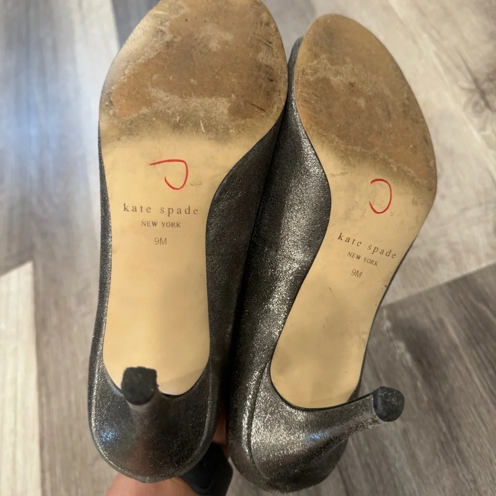 Kate Spade Heels Womens 9 Gray Shimmer Open Toed Pump Bows Cocktail Party